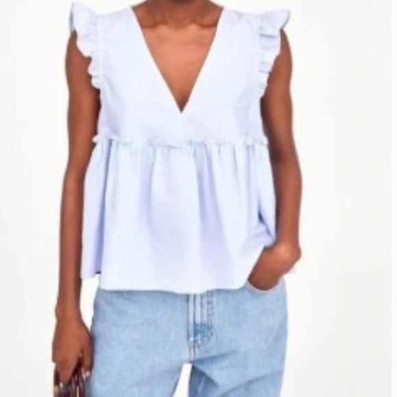 Zara TRF Light Blue Ruffle Sleeve Peplum Blouse Baby Doll, V-Neck, Size L - Picture 2 of 6